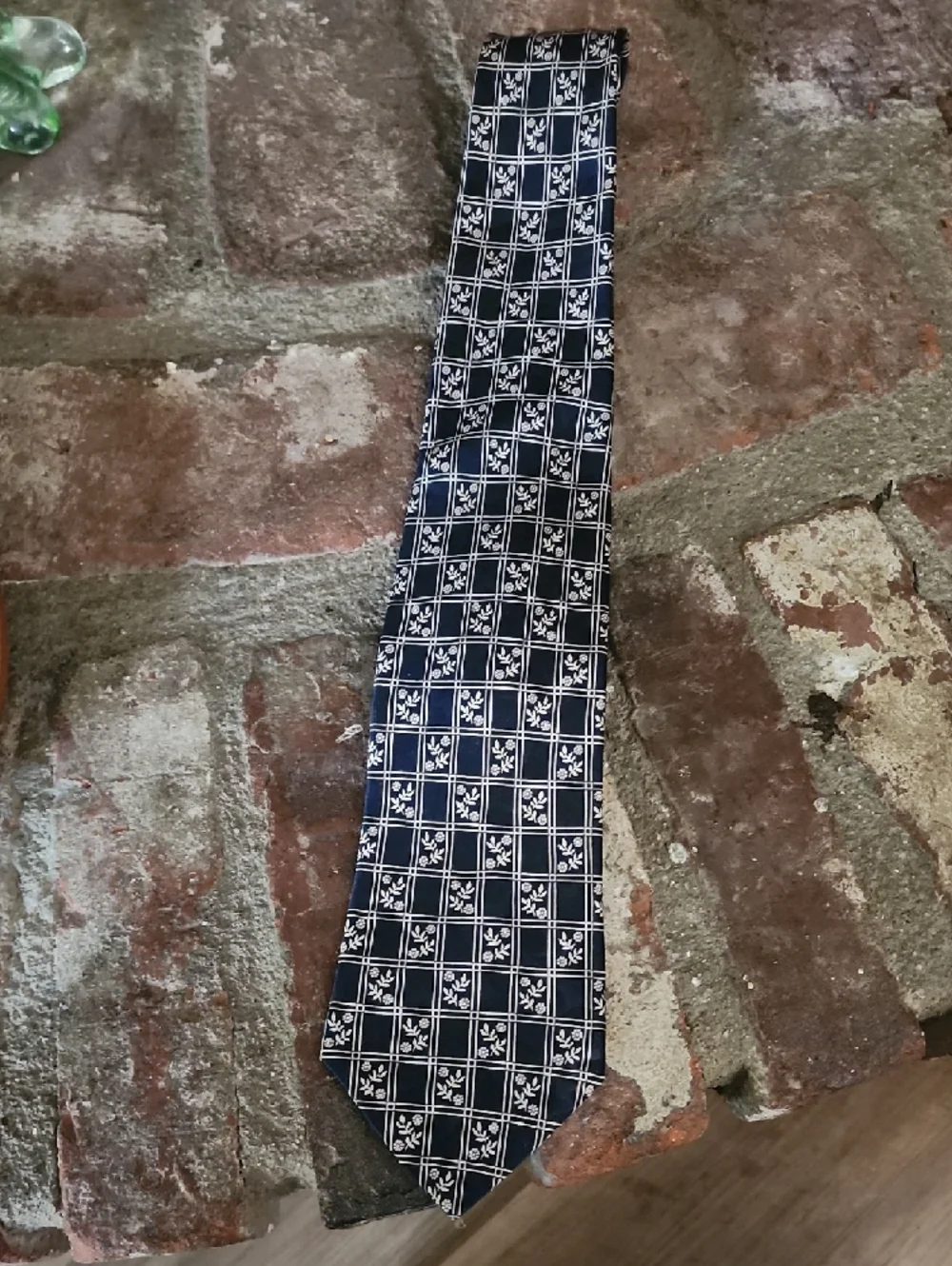 Lanvin Paris Silk Tie Navy Blue White Floral Grid Designer Necktie Italy